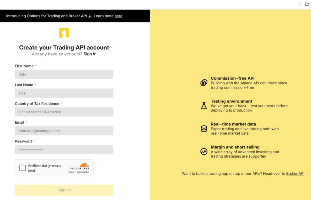 Account aanmaken bij Alpaca Markets Broker