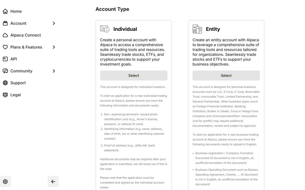 Account type kiezen bij Alpaca Markets Broker