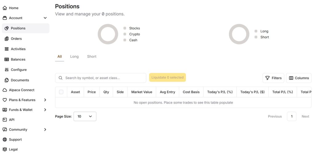 Gebruikersinterface van Alpaca Markets Broker - posities